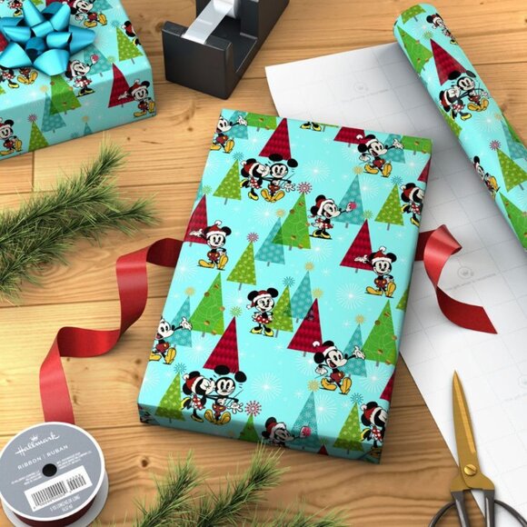 Hallmark Wrapping Paper Christmas Disney Mickey Minnie Mouse Trees Blue 25 sq ft - Picture 6 of 6